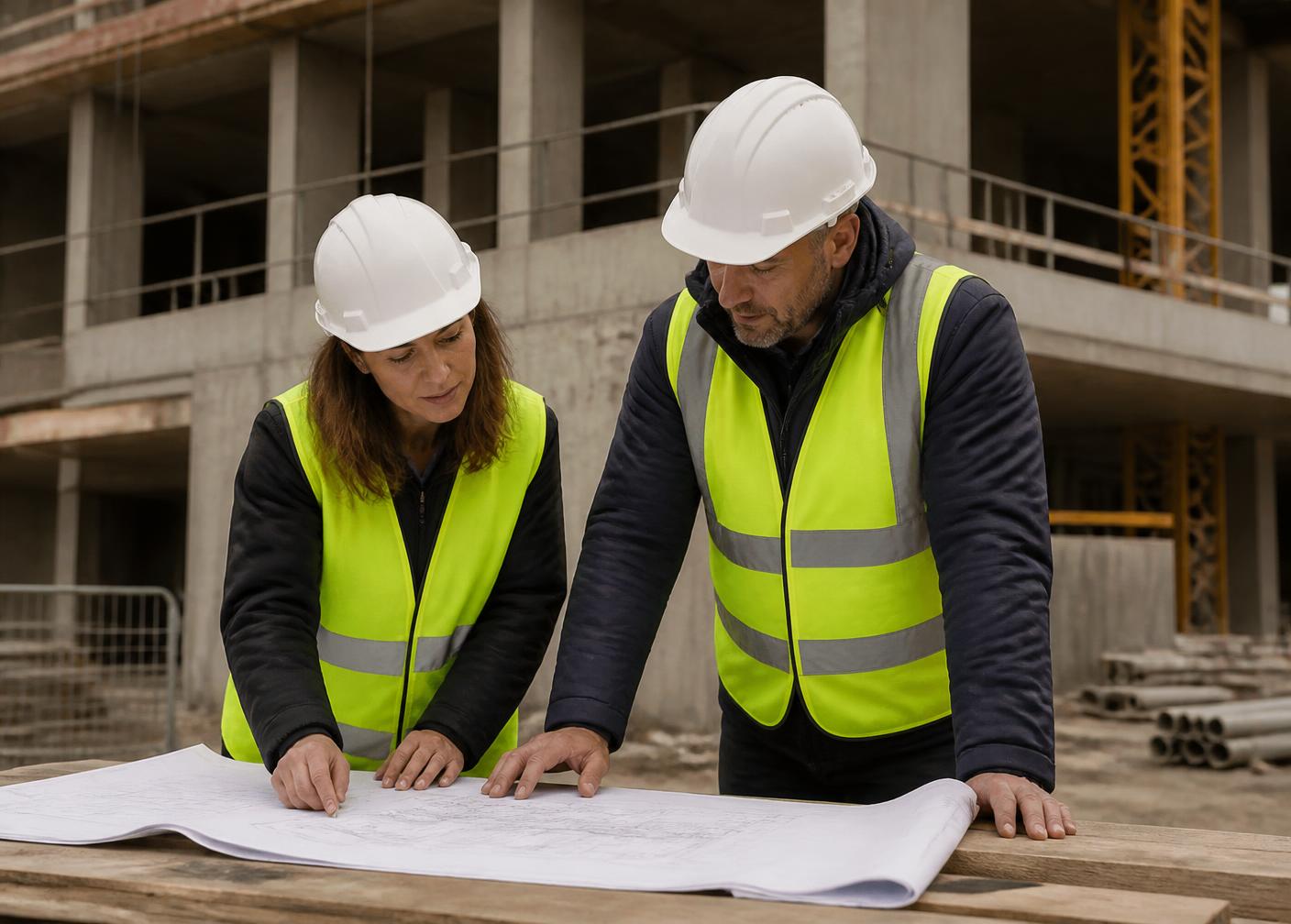 Equipa de engenharia a analisar peças desenhadas em obra